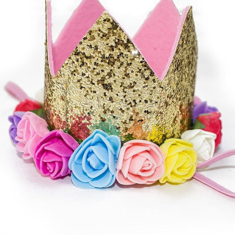 ipalmay Baby Princess Glitter Gold Crown  1st Birthday Party Hat Gold with Mix Rainbow Color Flowers - Image 2
